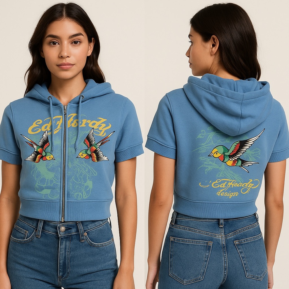 Ed‎ Hardy Blue Cotton Blend Cropped Graphic Hoodie Sweatshirt Sz. L